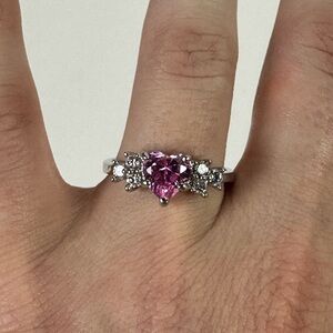 Pink Heart-Center Sterling Style Ring with Accent Stones- Size 7